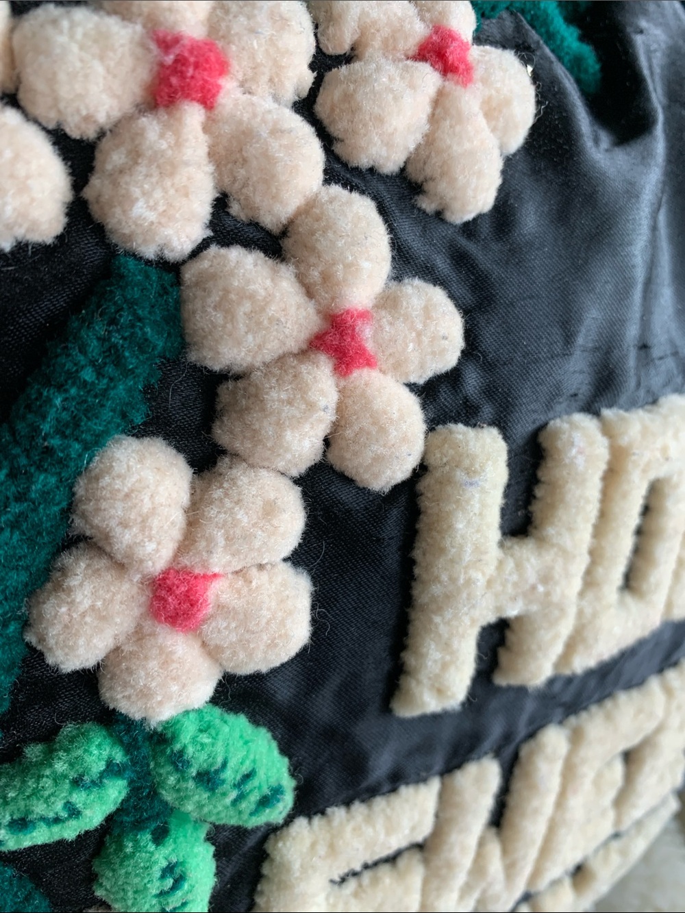 Vintage Home Sweet Home black satin chenille carpet stitch pillow cushion